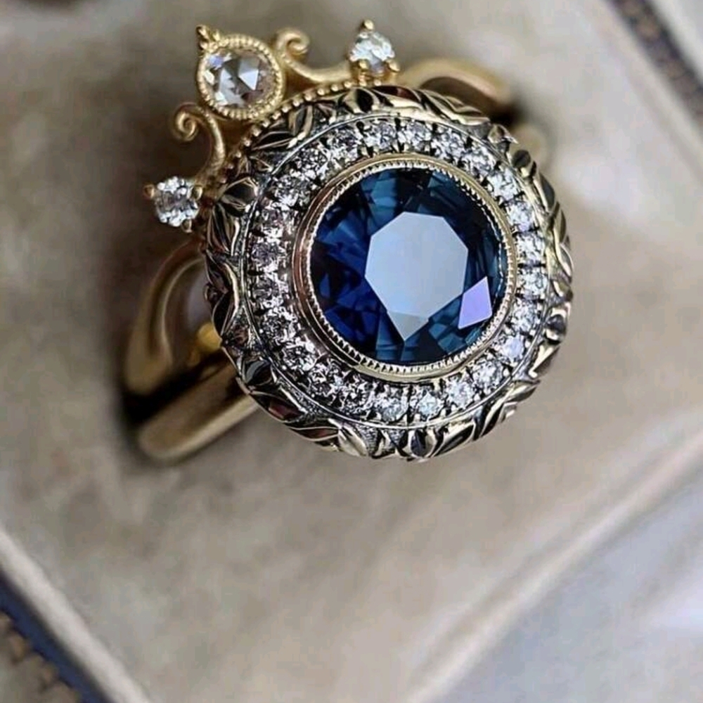 Vintage Gold Ring with Sapphire Blue Gemstone Set.  2 Rings